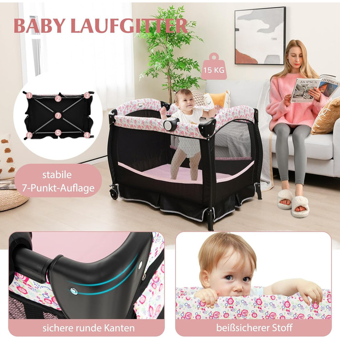 Дорожнє ліжечко 4-в-1 з матрацом, дитяче ліжечко 102 x 73 см з колесами, пеленальний килимок та колиска, складне приліжкове ліжечко для дітей 0-36 місяців та вагою до 15 кг (рожеві квіти)