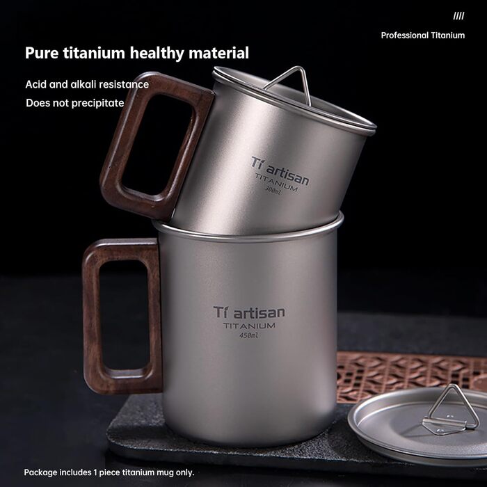 Титанова кружка, надлегка кемпінгова кавоварка, піскоструминна поверхня, захист від опіків (матово-сіра 450 мл)