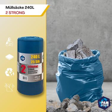 Надзвичайно міцні сміттєві мішки об&39ємом 240 л - 25 шт. - Великі, товсті сміттєві мішки - 100x125 см - Двошарові - Чорно-сині сміттєві мішки - Мішки для будівельних відходів - Універсальні будівельні мішки для відходів