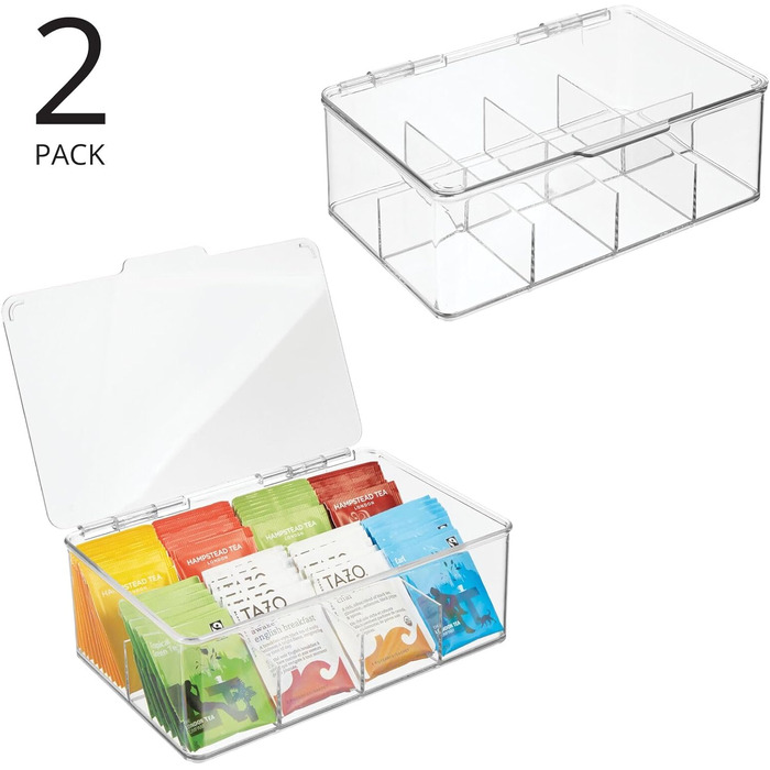 Чайна коробка mDesign з 8 відділеннями Практична коробка для зберігання чайних пакетиків Універсальна штабельована коробка для кухні Набір з 2 шт. Прозора