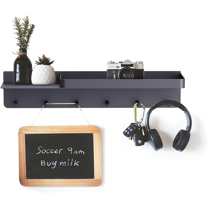 Ключниця Honsdom з полицею і 6 гачками, ключниця чорна, ключниця-органайзер, ключниця без свердління для настінного кріплення для