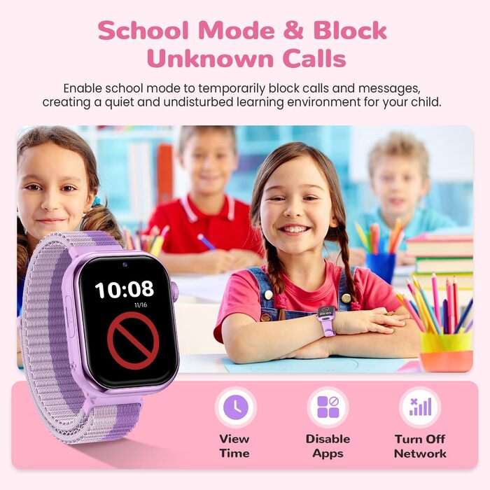Розумний годинник RUXINGX 4G для дітей з GPS та телефонними дзвінками, дитячий годинник із водонепроникністю IP68, подвійним переглядом, голосовим чатом, ліхтариком, шкільним режимом, крокоміром, будильником для хлопчиків та дівчаток, фіолетовий