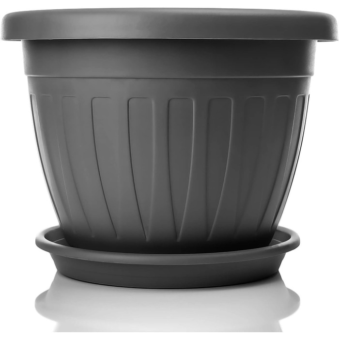Квітковий горщик BigDean 6 шт. з блюдцем, круглий ø28xH20 см, антрацит - всепогодний горщик - водовідвідний, стійкий до ультрафіолету, виготовлений з ударостійкого пластику - підходить для використання в приміщенні та на вулиці - зроблено в Європі, антрац