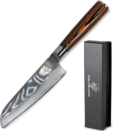 Ніж з дамаської сталі Вовча кров Сантоку L (24 см) Професійний кухарський ніж з натуральної 67-шарової дамаської сталі I Дамаський