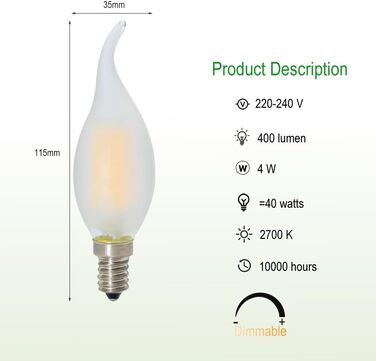 Світлодіодна лампа-свічка Tuoplyh з 10 комплектами, 4 Вт з регулюванням яскравості та цоколем E14, замінює 40 Вт, світлодіодна лампа розжарювання, матова, теплий білий, 2700K