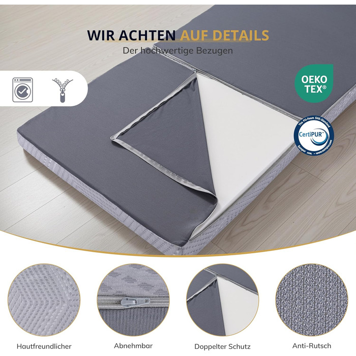 Складаний матрац EGO Home 65x196 см, 3-секційний складаний матрац, рівень жорсткості H3, висота 10 см, складаний матрац з гелевого пінопласту 196x65 см для подорожей, кемпінгу, використання на свіжому повітрі, підлога, гостьове ліжко, сертифікований Oeko-