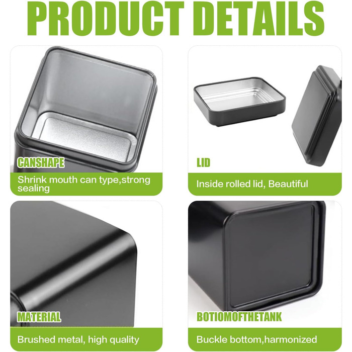 Класичних квадратних чайних банок, 7 x 7 x 8,5 см, для розсипного чаю, включаючи 20 етикеток, набір металевих ароматизованих чайних банок, місце для зберігання чаю, кави, цукру (чорні), 10