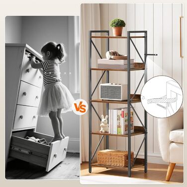 Книжкова полиця HOOBRO, стояча полиця, полиця-драбина, окремостояча вузька полиця, офісна полиця, 5 ярусів, відкриті полиці, для вітальні, спальні, офісу, кухні, рустикальний коричневий та чорний EBF73SJ01 42 x 28 x 132 см Рустикальний коричневий чорний