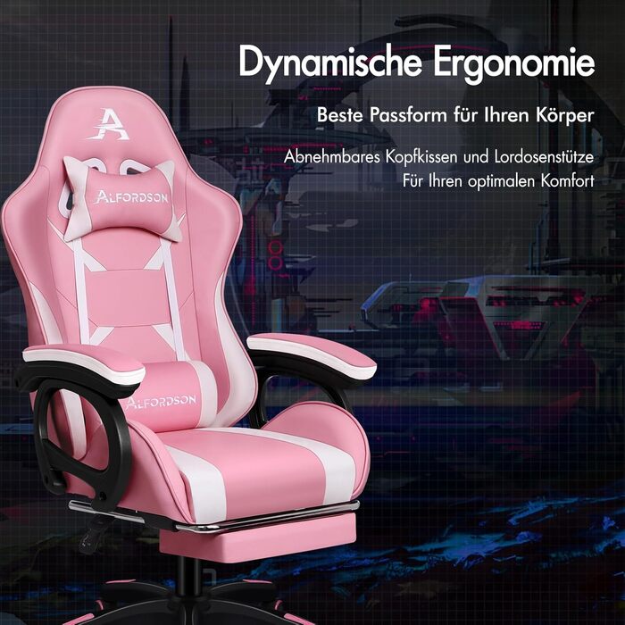 Ігрове крісло ALFORDSON, офісне крісло, з 2-точковим масажем, підставкою для ніг, підголівником та поперековою подушкою, регульована спинка 150, штучна шкіра, рожевий
