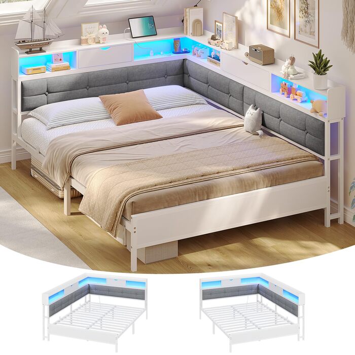 М&39яке ліжко-диван-ліжко 140x200 з 6 відділеннями для зберігання Дитяче ліжко 140x200 зі світлодіодним освітленням Кушетка з розетками Гостьове ліжко Каркас ліжка з металевою рейковою основою, матрац не входить до комплекту (білий) 140x200 см Білий