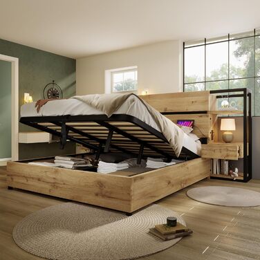 Двоспальне ліжко 180x200 з тумбочкою, узголів&39ям для зберігання речей з шухлядами та функцією зарядки USB Type-C, гідравлічне ліжко для зберігання речей, дерев&39яний каркас ліжка, дитяче ліжко, доросле ліжко, без матраца, дуб, без матраца 180x200 см