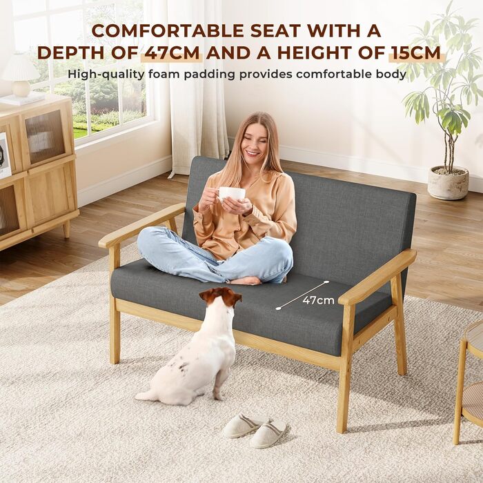 Місний диван Dripex, сучасний скандинавський тканинний диван, диван для відпочинку з дерева та лляної тканини, м&39який диван для вітальні, спальні, офісу, темно-сірий, 113x67x75см, 2-