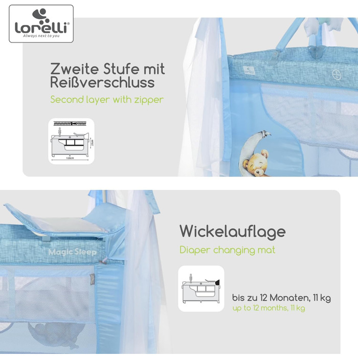 В-1 Дитяче ліжко та манеж, Ліжко-балдахін Magic Sleep з 2 рівнями, Дитяче ліжко від народження, Ліжко для подорожей, Пеленальний килимок, Колеса, Сумка, Світло-блакитний, 3-