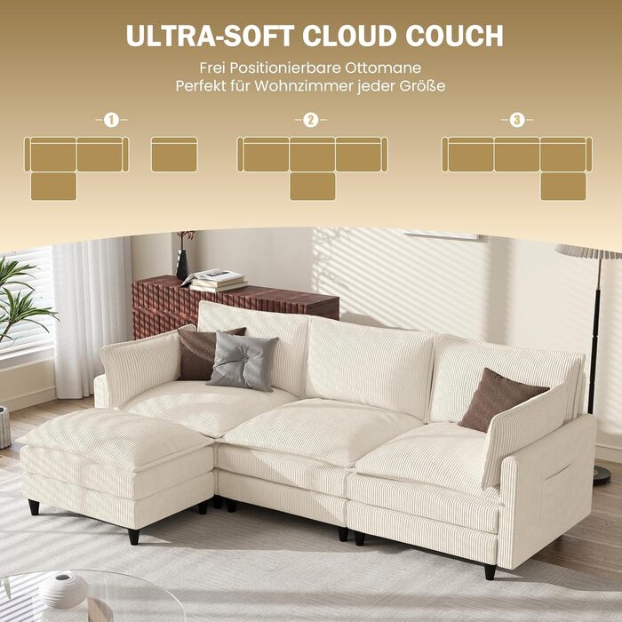 Диван APICIZON з функцією сну, диван &quotХмара&quot, L-подібний диван, кутовий диван - 275x132x80 см, XXL дивани, вельветовий розкладний диван для вітальні, бічна кишеня для журналів, бежевий 275 см - L бежевий