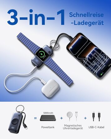 Міні-зовнішній зарядний пристрій для Apple Watch та iPhone з кабелем USB-C, портативні зовнішні акумулятори для телефону 5000 мАг 20 Вт PD, дорожні гаджети для Apple Watch Ultra 11 10 9 8 7 6 5 SE, iPhone 17 16 15 чорного кольору