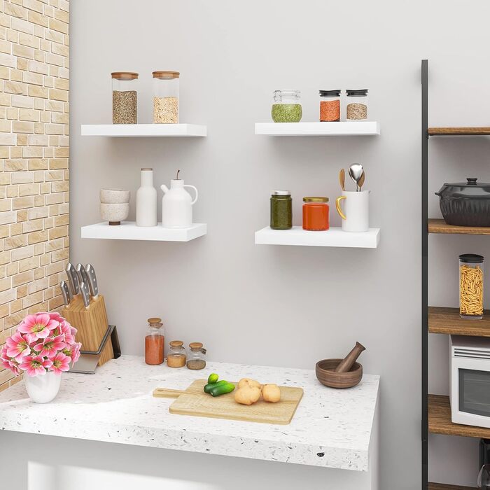 Настінні полиці WOLTU, набір з 4 предметів, настінна дошка, книжкова полиця, полиці для декоративних предметів, настінне сховище з МДФ дерева, підвісна полиця, білий колір, 60x22,9x3,8 см, RG9319ws-4 60x22,9x3,8 см білий