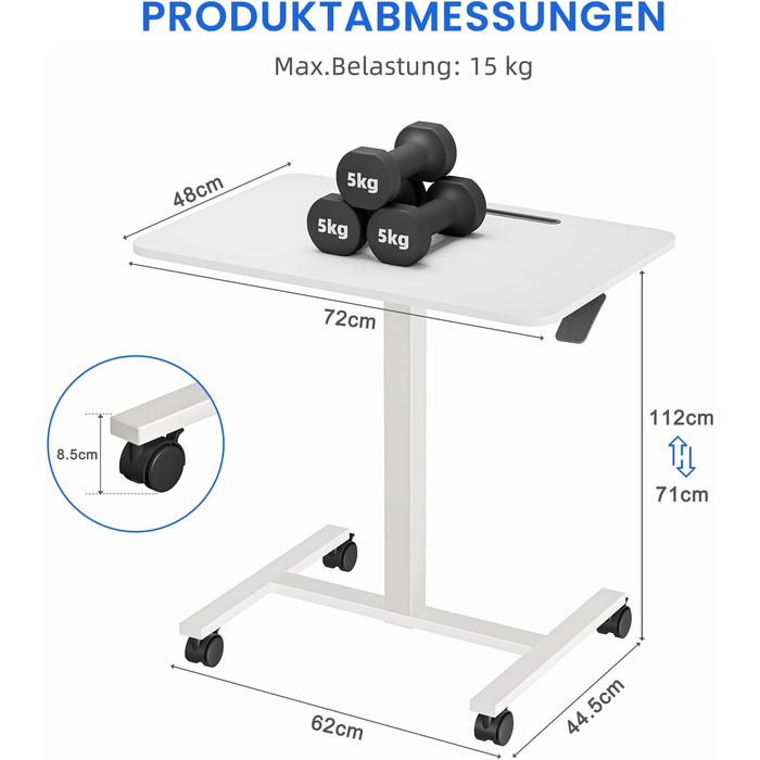 Комп&39ютерний стіл Dripex з регульованою висотою та коліщатками, невеликий стіл, мобільний стіл для роботи стоячи, тумбочка біля ліжка, бічний столик для вітальні, комп&39ютерний стіл для роботи сидячи та стоячи, білий, 48 x 72 x 112 см