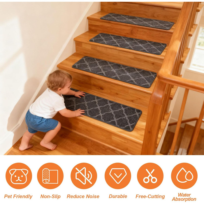 Килимків для сходів, 55 x 19 см, протиковзкі, самоклеючі, для приміщень, можна прати в пральній машині, самоклеючий килимок для сходів для дітей, людей похилого віку та домашніх тварин, 55 см x 19 см, темно-сірий, 15