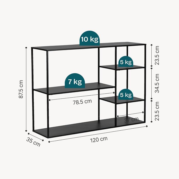Окремостояча полиця Isojoki, металева книжкова шафа, полиця для вітальні, чорна, 120 x 35 x 88 см, чорний, матовий