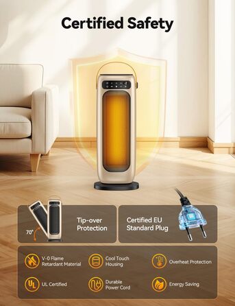 Енергозберігаючий електричний вентилятор-обігрівач, тихий та потужний 35 дБ, керамічний вентилятор-обігрівач PTC потужністю 1500 Вт з пультом дистанційного керування, 4 режими, коливання 110, таймер 1-10 годин, захист від перегріву та перекидання, невелик