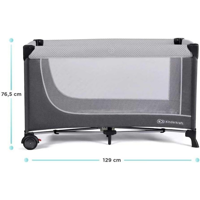 Дитяче ліжечко Kinderkraft LEODY зі спальним місцем 120 x 60 см, регульоване по висоті, з колесами, швидко та легко складається та розкладається, забезпечує циркуляцію повітря, легко транспортується з сумкою для перенесення, сірого кольору.