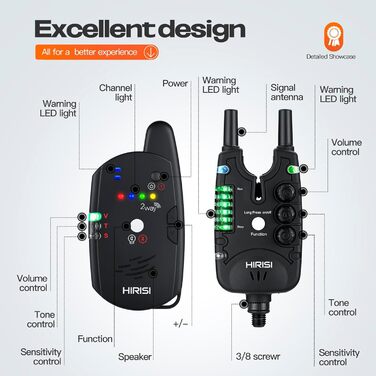 Сигналізатор клювання Hirisi Tackle для лову коропа з пультом дистанційного керування (радіоприймач), нічним освітленням, регулюванням чутливості, гучності та тону. Комплект сигналізаторів клювання. FBA-S8-2