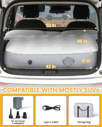 Надувний автомобільний матрац, матрац для позашляховика в багажник автомобіля, з ПВХ-флоком, портативний, універсальний з подушкою та вбудованим насосом для подорожей, універсалів, кемпінгу
