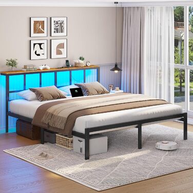 Ліжко 180x200 з металевою рейковою основою, каркас ліжка 180x200 см зі світлодіодним освітленням, зарядна станція (2 розетки змінного струму, 2 USB-порти), металеве ліжко 180x200 см з узголів&39ям та місцем для зберігання речей, двоспальне ліжко