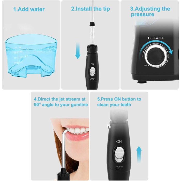 Електричний іригатор для ротової порожнини, професійний з 10 рівнями регулювання тиску води, резервуаром на 600 мл та 8 багатофункціональними насадками (Чорний)