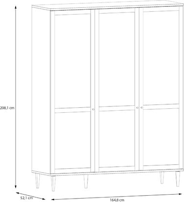 Шафа 165, Шафа в стилі бохо з 3 дверима, вішалка для одягу, полиці, інженерна деревина, декор дуба Elegancia/технораттан, 165 см завширшки x 208 см заввишки x 52 см завглибшки, 3-дверна шафа