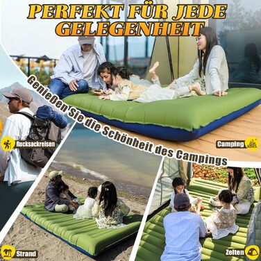 Килимок для сну для кемпінгу, подвійний кемпінговий матрац 12 см, надлегкий надувний матрац для сну для 2 осіб, невеликий розмір упаковки з ножним насосом та подушкою для подорожей, відпочинку на природі, походів, наметів, пляжу, зелений