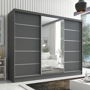 Шафа Aurelia 1 Шафа з розсувними дверима шириною 200 см з дзеркалом, 3-дверна, шафа з шухлядами, шафа з розсувними дверима для спальні або гардеробної, графіт