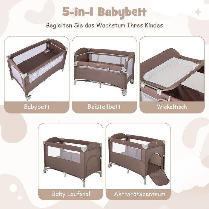 Складана приліжкова ліжечка COSTWAY 5 в 1, дорожнє ліжечко з матрацом, 2-рівневе дитяче ліжечко з колесами, ігрова арка та пеленальний килимок, колиска з люлькою для дитини до 3 років (коричневий)