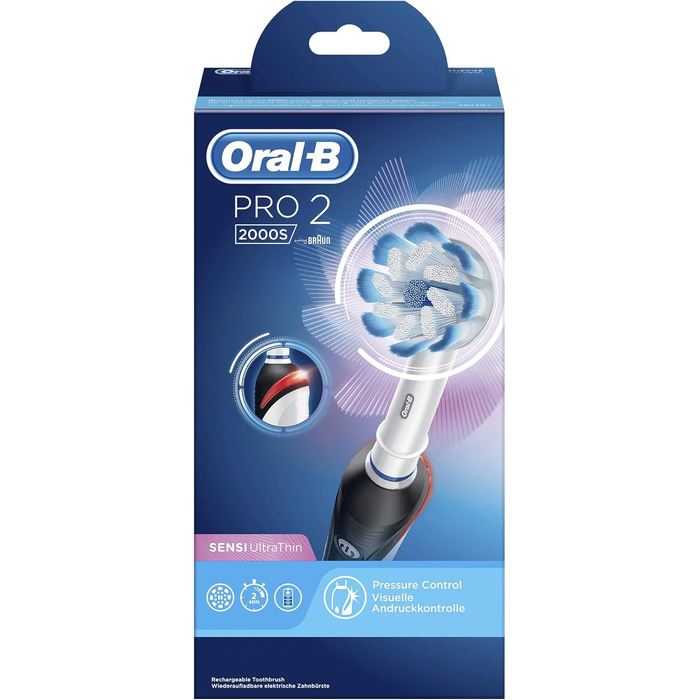 Електрична зубна щітка/електрична зубна щітка Oral-B PRO 2 2000S, з 2 режимами чищення та візуальним контролем тиску для догляду за зубами, дизайн Braun, чорний