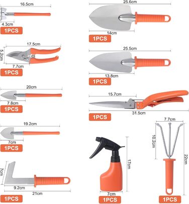 Набір садових інструментів Moendergo 10 предметів, набір садових інструментів з кельмою, машиною для пересадки, граблями, садовими ножицями, лопатами та пляшкою з розпилювачем (помаранчевий)