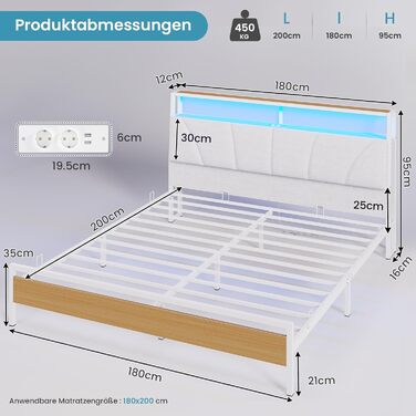 Ліжко 180x200 з металевою рейковою основою, двоспальне ліжко 180x200 см зі світлодіодним підсвічуванням, каркас ліжка 180x200 см з узголів&39ям та зарядною станцією (2 розетки змінного струму, 2 USB-порти) Сучасне, Білий Білий 180x200см