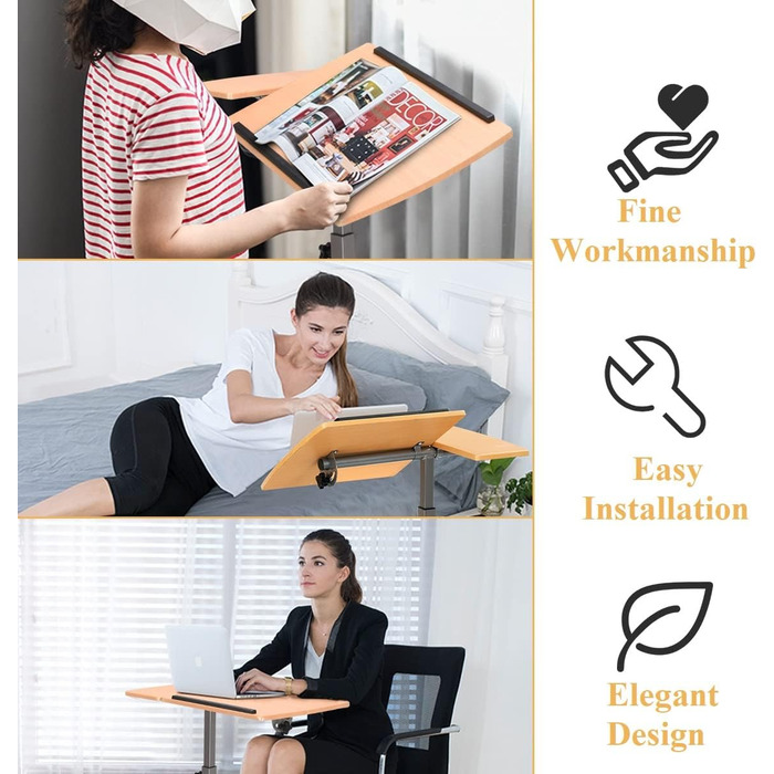 Приліжковий столик GIANTEX з колесами, регульований по висоті та нахилу стіл для догляду, стіл для ноутбука на колесах/столик для ноутбуків з 2 упорами, приліжковий столик для ліжок для догляду, з підставкою для миші, 64 x 45 x 71-93 см (натуральний)