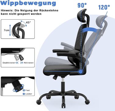 Ергономічне офісне крісло naspaluro, стілець для роботи з відкидними підлокітниками, динамічна поперекова підтримка, регульоване по висоті офісне крісло з функцією нахилу 120, чорний колір з підголівником