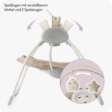 Електронний шезлонг MoMi LISS для немовлят до 9 кг, складний, живлення від батарейок або мережі, адаптер живлення з USB-кабелем, 5-точковий ремінь безпеки, дуга з іграшками, 6 мелодій, таймер, 5 швидкостей гойдання, бежевий колір