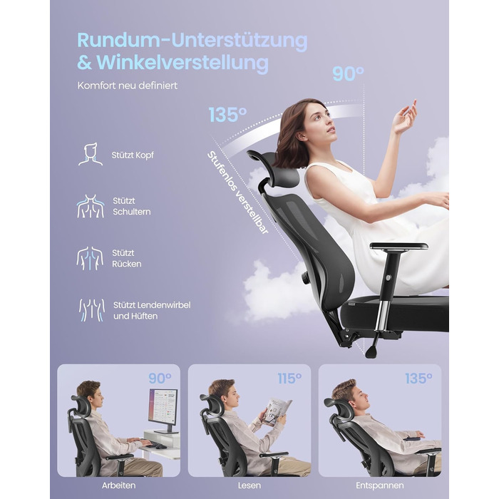 Ергономічне офісне крісло SONGMICS, стілець для столу, ігрове крісло, регульована поперекова опора, підголівник, підлокітники, підходить для різних розмірів тіла, вантажопідйомність до 150 кг, чорний колір OBN067BH01