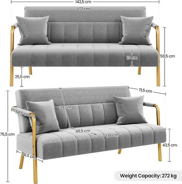 М&39який диван Yaheetech з підлокітниками та металевими ніжками, сучасний двомісний диван з 2 поперековими подушками, двомісний диван для вітальні/спальні, 143,5 см шириною, світло-сірий