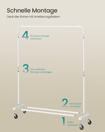 Вішалка для одягу SONGMICS, Штанга для одягу на колесах, Підставка для гардеробу, 2 колеса з гальмом, Спальня, Вантажопідйомність до 50 кг, 38 x 110 x 141,5 см, Матовий білий HSR016WG01 Матовий білий, одинарна рейка