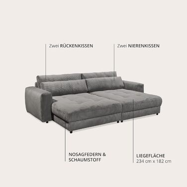 Великий диван BARURA Cord темно-сірого кольору XXL диван з великою спальною зоною, сучасний диван 292x194 см, включаючи подушки для ніг