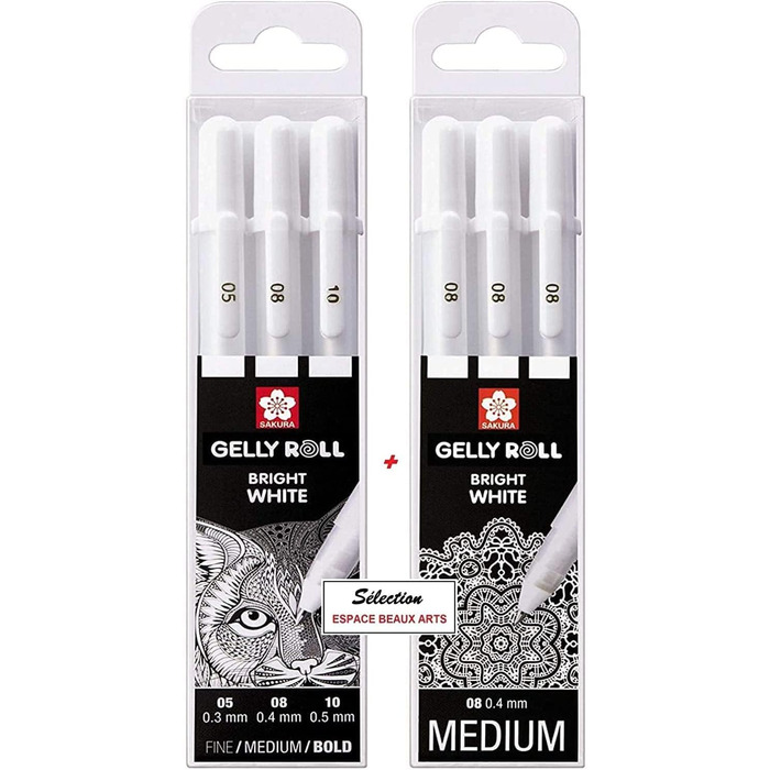 Ручки Bright White в чохлі, Mix-Size 05/08/10 3 шт. и Sakura Gelly Roll Basic, білий 08 ET Pigma Micron Black 05, 3