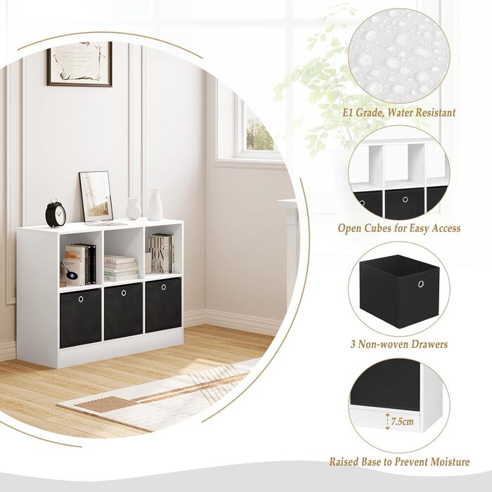 Книжкова полиця WOLTU з 3 шухлядами з нетканого матеріалу, окремостояча полиця з 6 відділеннями, кубічна полиця для спальні, вітальні, кабінету, офісу, біла, 80x60x30 см, SK033ws 6 відділень (30Г x 80Ш x 60В см) Біла