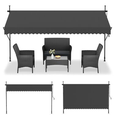 Тентовий тент із затискачем та кривошипом, шириною 350 см - Балконний тент без свердління, регульований, із захистом від ультрафіолету, захистом від сонця, водонепроникний, темно-сірий (3,50 x 1,20 м, темно-сірий) 3,50 x 1,20 м темно-сірий