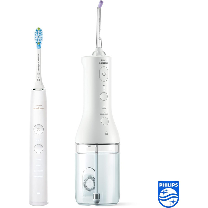 Бездротовий іригатор для порожнини рота Philips Sonicare Power Flosser та електрична зубна щітка DiamondClean 9000 - для очищення зубів, ясен і зубного нальоту, біла (модель HX3866/41)