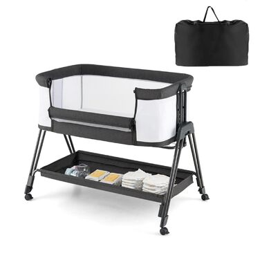 Дитяче ліжечко DREAMADE, 7-рівневе регульоване по висоті дорожнє ліжечко з матрацом та колесами, складне дитяче ліжечко з регульованим кутом нахилу, для дітей 0-6 місяців та вагою до 9 кг (темно-сіре)