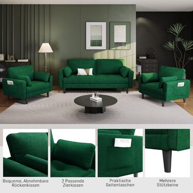 Одномісний диван Yaheetech, двомісний диван, невеликий диван з 2 подушками та підлокітниками, сучасний лляний диван-кутник, комплект диванів для вітальні, зелена оксамитова тканина