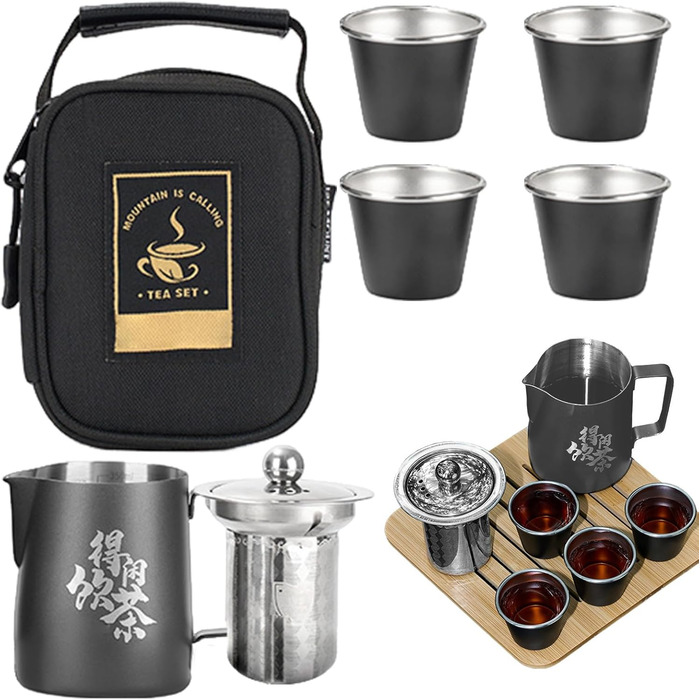 Китайський чайний набір для подорожей у кейсі Чашки з нержавіючої сталі для чайної церемонії, Кунг-Фу та подорожей для дому, походів та відпочинку на природі